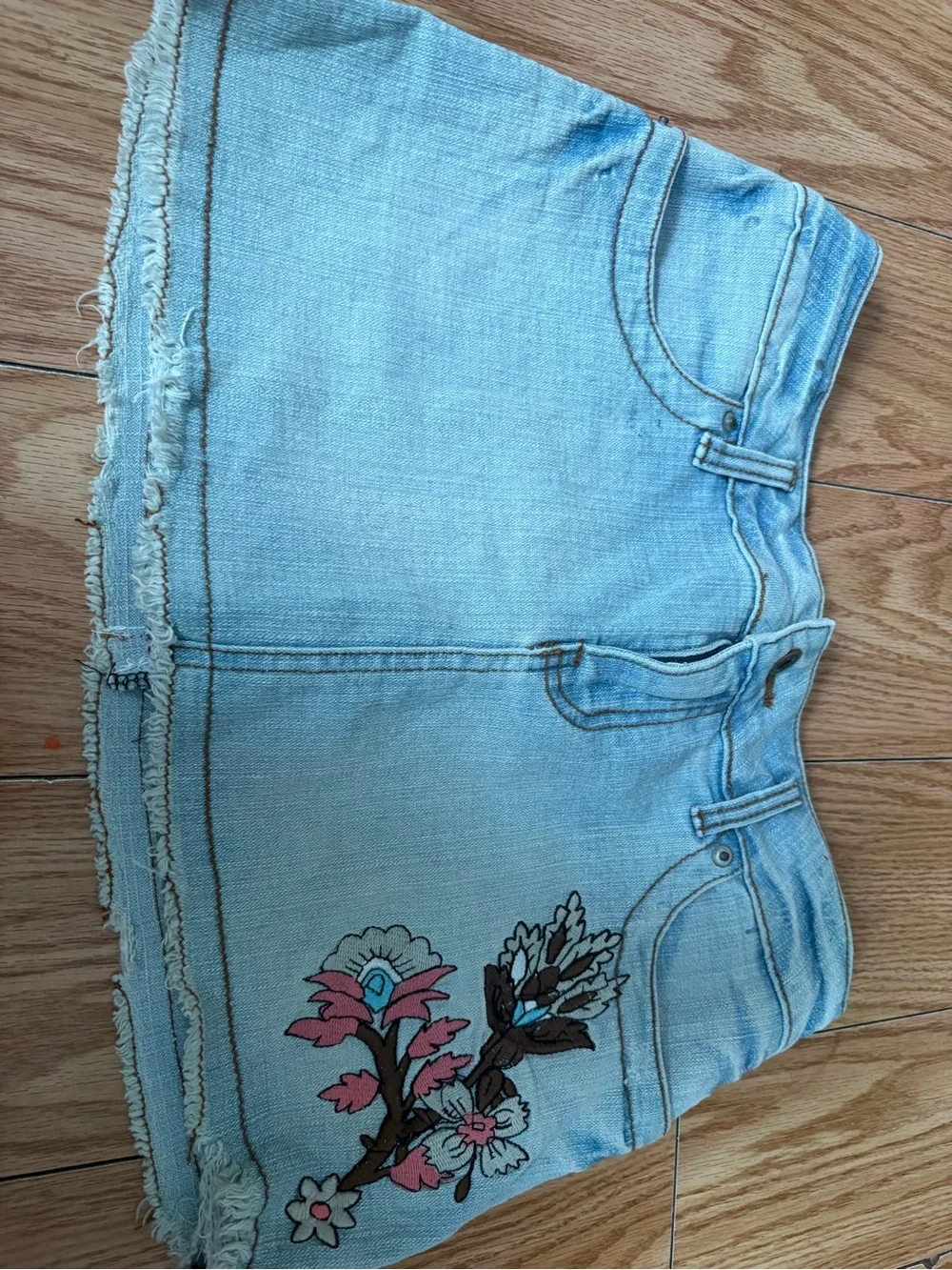 Light Blue Embroidered Denim Mini Skirt - Women Jeans